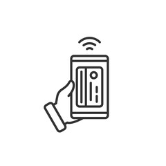 Hand holds phone NFC. Payment icon via NFC technology. Contactless card payment systems. Vector black icon.