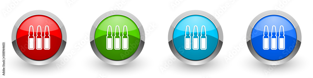 Poster Vaccine ampules silver metallic glossy icons, set of modern design buttons for web, internet and mobile applications in four colors options isolated on white background