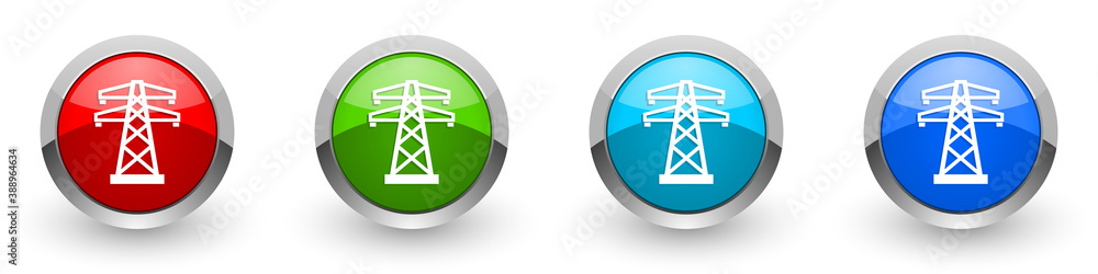 Poster power, energy tower silver metallic glossy icons, set of modern design buttons for web, internet and