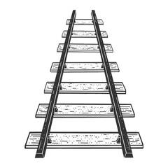 railway line stretching beyond the horizon sketch engraving vector illustration. T-shirt apparel print design. Scratch board imitation. Black and white hand drawn image.