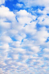 White cumulus clouds on blue sky background close up, fluffy cirrus cloud texture, beautiful cloudscape view, heaven on sunny summer day, cloudy weather, cloudiness backdrop, azure skies, ozone layer