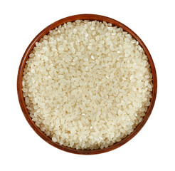 round rice in a wooden bowl isolated on white backrgound