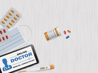 Telemedicine, Medical mobile consultation, Online doctor, Online medicine technology. Service for remote diagnostic. Smartphone with facial mask, pills, thermometer. Health care. Vector illustration