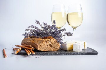 Camembert cheese and Glass of white Wine