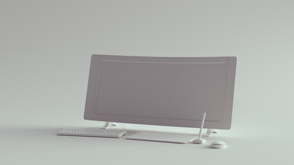 White Home Office Setup with Curved Wide Screen Monitor Keyboard and Digital Drawing Tablet an Pen 3d illustration 