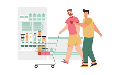 Male LGBT couple or family buys food in supermarket together