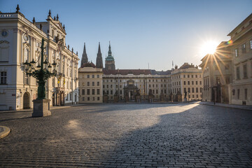 Prague castle Located in the Hradcany district is the official residence and office of the President of the Czech Republic, Hradcanske square. Lockdown trime due to pandemic. There is nobody.