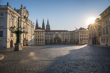 Obraz premium Prague castle Located in the Hradcany district is the official residence and office of the President of the Czech Republic, Hradcanske square. Lockdown trime due to pandemic. There is nobody.