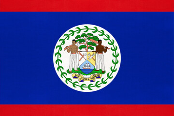 Belize national fabric flag, textile background. Symbol of international central america world country. Belizean sign.