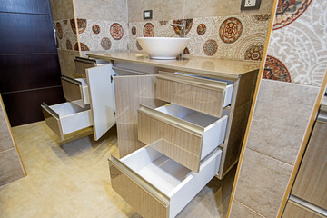 Obraz na płótnie Canvas Interior design of bathroom sink and cupboard unit