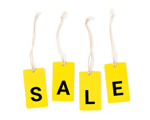 Yellow label tags with inscription sale at white background.