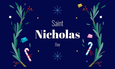 Saint Nicholas Day - December 6th - horizontal banner template decorated with candy canes, branches of yew and greeting cards in envelopes. Traditional holidays of Western Christian countries