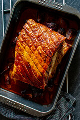 oven baked pork belly on a baking tray