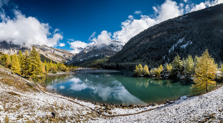 panoramic view of Lac de Derborence in autumn in Valais