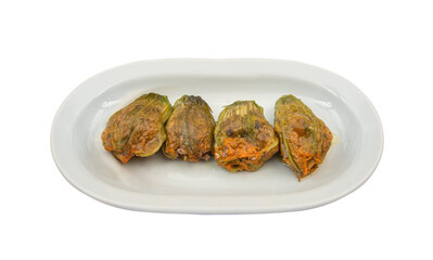 Top view Turkish and Arabic Traditional Food Kabak Cicegi Dolmasi on isolated white background