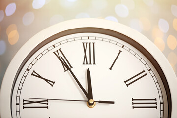 Obraz na płótnie Canvas Clock showing five minutes until midnight on blurred background, closeup. New Year countdown