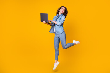Full length body size view of her she nice slim fit cheerful successful learner jumping walking...