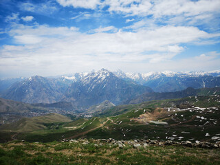 snowy mountains and blue sky, natural landscape
