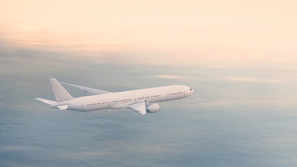 Naklejka na ściany i meble Generic jumbo jet airliner flying above the clouds at dawn. Realistic 3D rendering