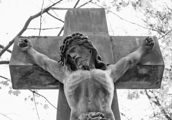 Jesus Christ under the cross. Suffering, pain on the face