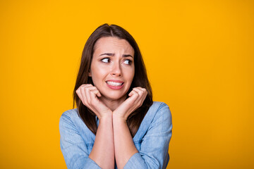 Photo of attractive terrified disgusted lady listen bad fake news not believe eyes look side empty...