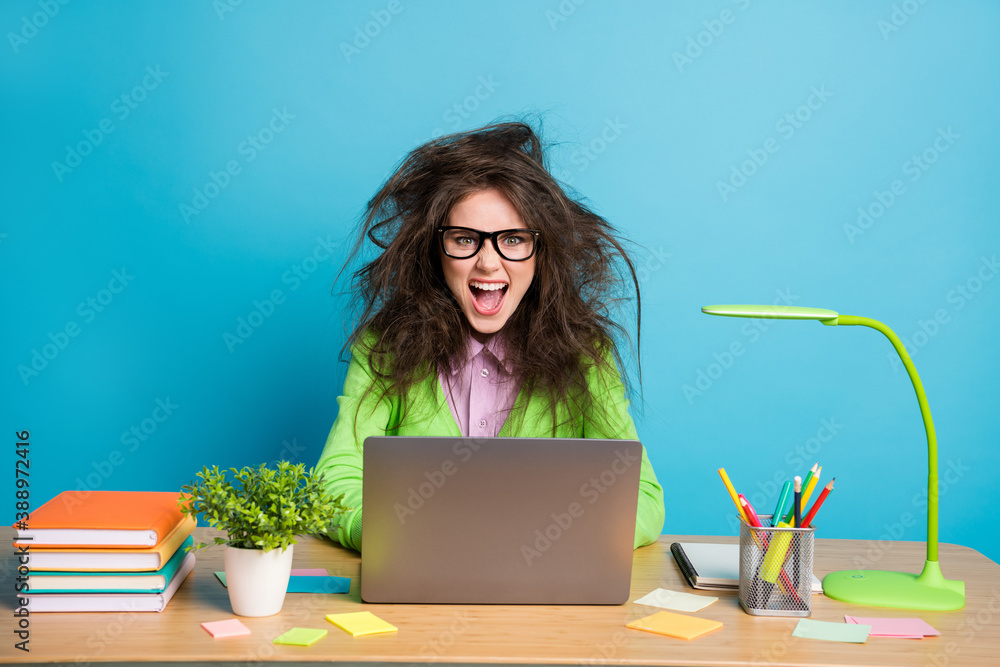 Canvas Prints Portrait of her she nice overworked crazy mad fury brunette girl working hard isolated over bright vivid blue color background