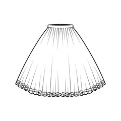 Skirt tutu crinoline technical fashion illustration with knee silhouette, circular fullness, thin waistband. Flat bottom template front, white color style. Women, men, unisex CAD mockup