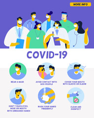COVID-19. Professional doctors and nurses wearing protective masks. Ways to prevent COVID-19. Wearing face masks, washing hands,using disinfectant spray. Flat vector illustration