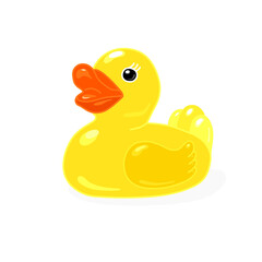 Classic yellow rubber duck with red beak isolated on white background. Cartoon character. Toy animal. Design element for logo, card, t-shirt print, invitation, accessories. Stock vector illustration