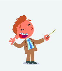 cartoon character of businessman is happy while pointing to the side with a pointer