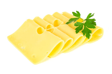 Fresh pieces of yellow cheese with parsley isolated on a white background in close-up