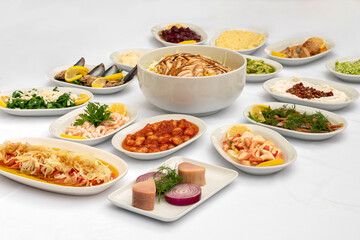 Turkish food appetizers isolated on white background, top view.