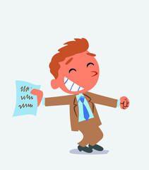  happy cartoon character of businessman rejoices with document in hand.