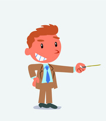  happy cartoon character of businessman points with pointer to the side.
