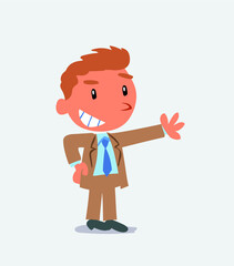 Pleased cartoon character of businessman points to something