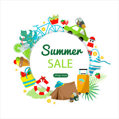 Summer sale. Summer elements. suitcase, bike, tent, ice cream, bag, beach, cocktail, lemonade, watermelon, swimsuit, hat, leaves, tropics, lighthouse, lifebuoy