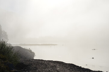 Morning fog in the mountainous taiga area.