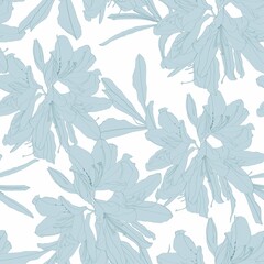 Line Rhododendron Cosmopolitan flowers, blue outline on a white background. Seamless pattern.
