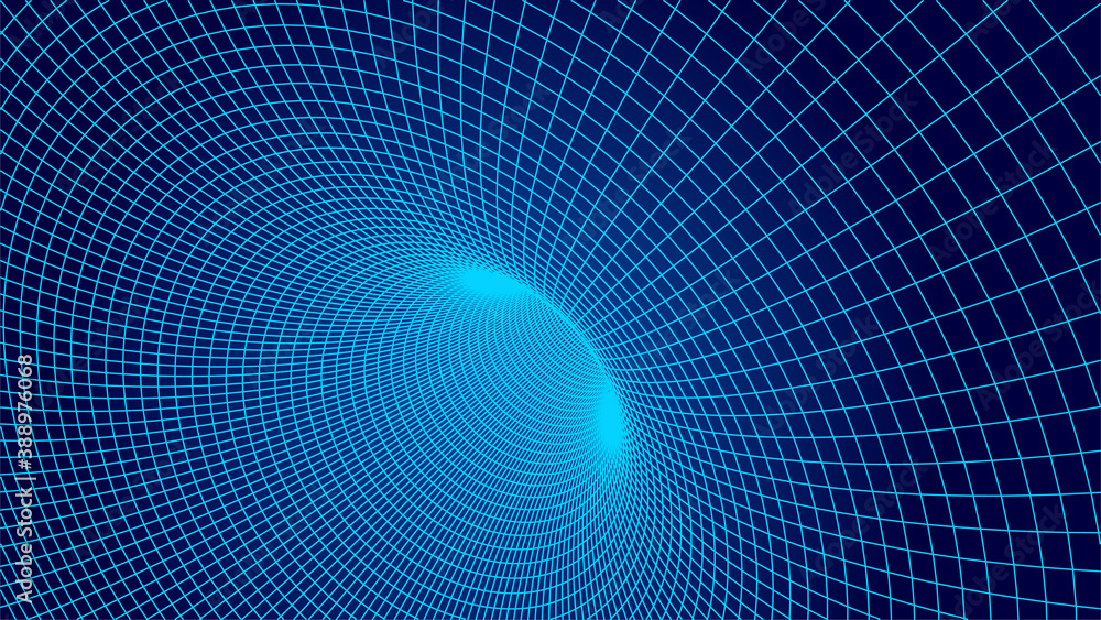 Poster technology wireframe tunnel on blue background. futuristic 3d vector grid.