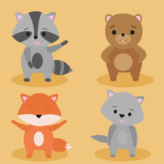 A set of figures of cute animals: raccoon, fox, bear, wolf. Vector nature of forest animals, great for scrapbook