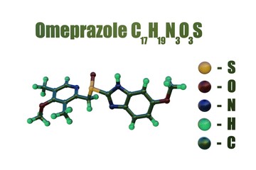 Structural chemical formula and molecular model of omeprazole, a medication used to reduce gastric acid secretion and approved for treatment of active gastric and duodenal ulcers. 3d illustration