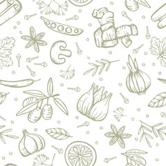 Spices and herbs for delicious cooking. Seamless vector linear hand drawing in cartoon style on a white background.