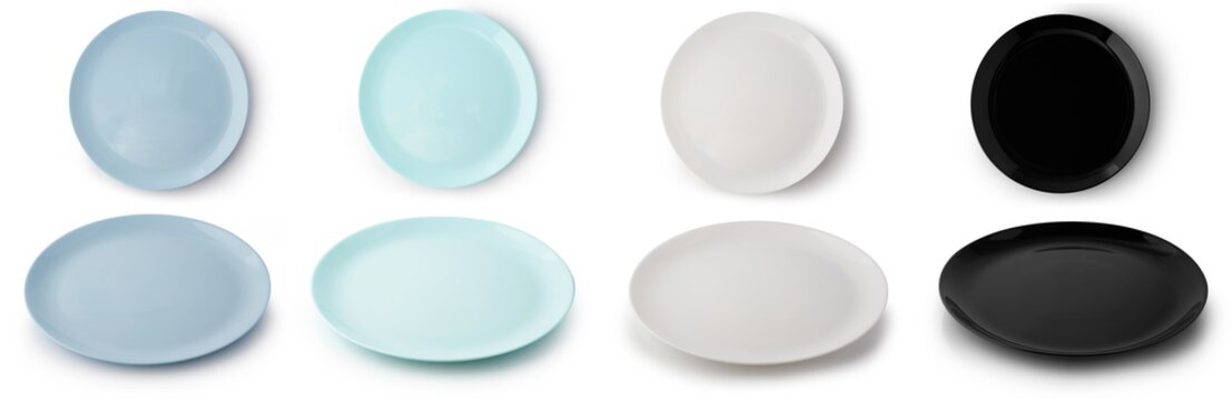 Set of flat empty plates of different colors isolated on white background. Top and side view.