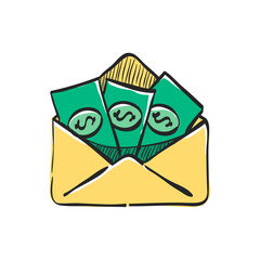 Money envelope icon in color drawing. Finance wealth banking