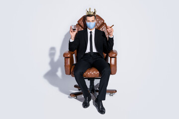 Full body photo of handsome business guy sit office chair hold whiskey glass cuban cigar golden...