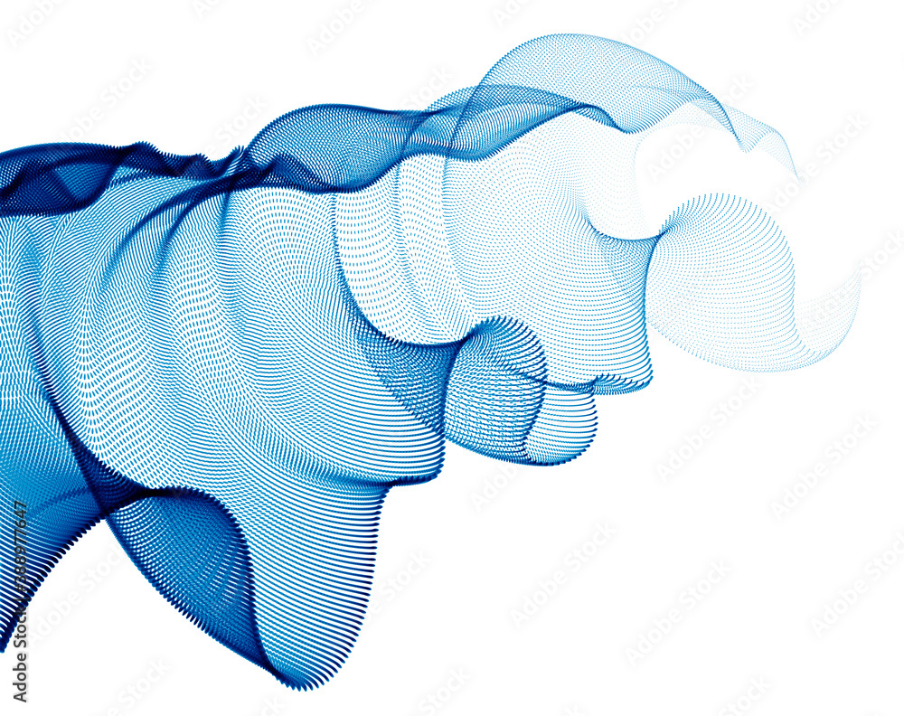 Poster wave of flowing particles modern relaxing illustration, transparent tulle textile on wind. round dot