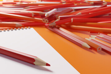 Pencils and sketchbook. Lots of pencils in warm colors next to a blank sketchbook on an orange background. 3D illustration