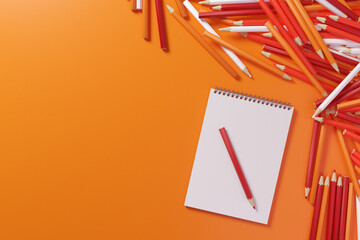 Pencils and sketchbook. Lots of pencils in warm colors next to a blank sketchbook on an orange background. 3D illustration