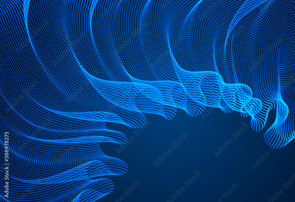 Poster 3d magic particles mesh array over dark, sound wave flowing, transparent tulle textile on wind. roun