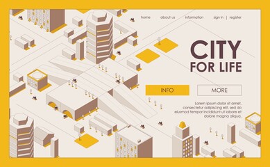 City for life with cars and trees isometric landing page banner template. Vector outline elements, roads and greenery